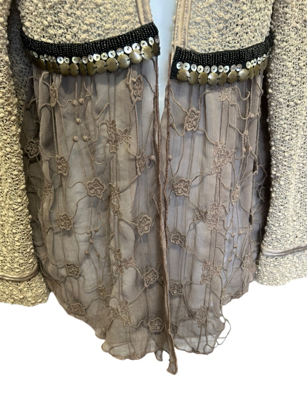 PS Fashion Vintage Boho Beaded Sheer Knit Cardigan Brown Size S Fairycore - Picture 4 of 6